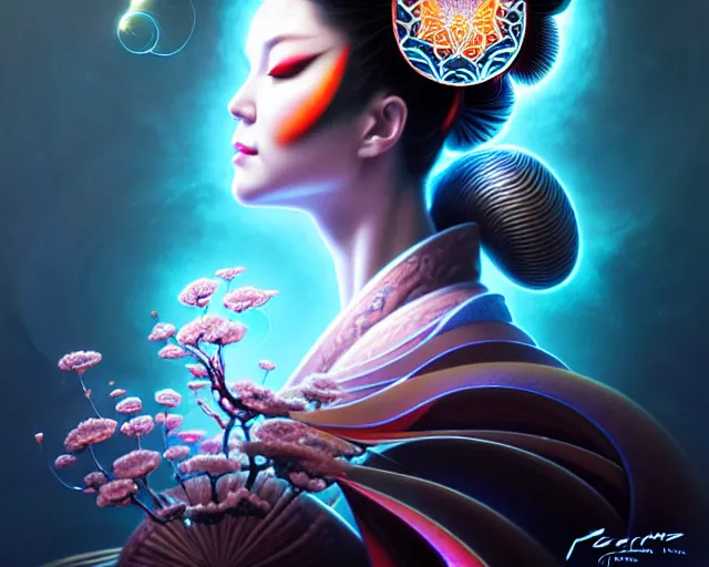 Image similar to a headshot of a geisha offset in the frame, surrounded by fractals, mandalas, cherry blossoms, hadron collider technology, metal gears, swirling bioluminescent energy, art by peter mohrbacher and dan mumford, 8 k octane render, hyperrealistic, zbrush, cinema 4 d