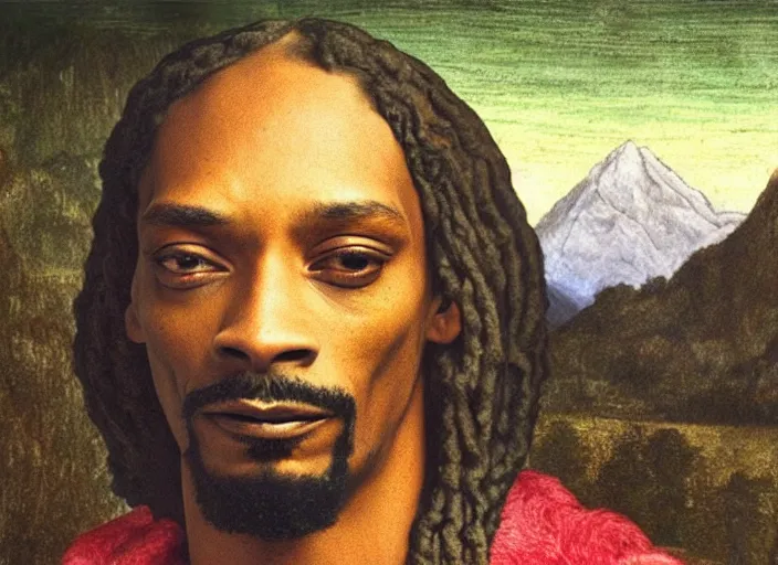 Image similar to a very high resolution image from a new movie, snoop dogg. drawn by leonardo da vinci. mountains, directed by wes anderson