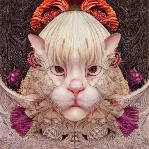 Image similar to white cat, botanical, portrait face, colorful, frantisek kupka, intricate, miles johnston, kuroda seiki, cynical realism, ozabu, john william godward, painterly, yoshitaka amano, moebius, miles johnston, louise zhang, james jean, mark ryden lowbrow pop surrealism art style