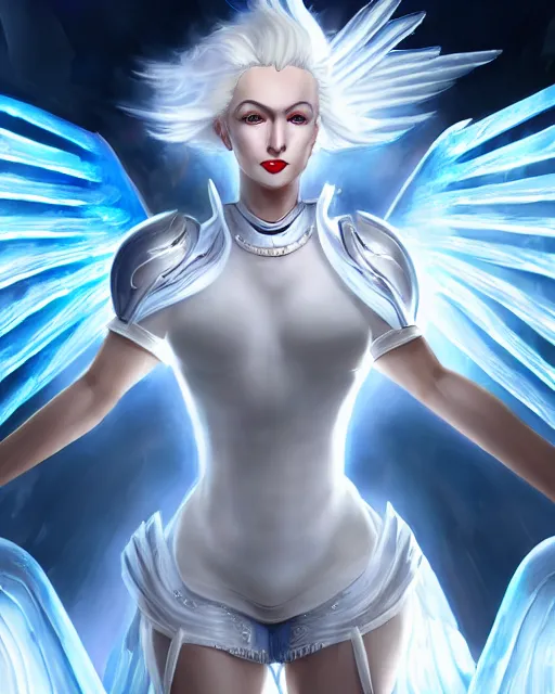 Image similar to perfect white haired attractive egyptian goddess with huge white dove wings, warframe armor, beautiful, symmetric, marilyn monroe, half asian, pretty face, blue eyes, detailed, scifi platform, laboratory, experiment, 4 k, ultra realistic, epic lighting, android body, illuminated, cinematic, masterpiece, art by akihito tsukushi, voidstar