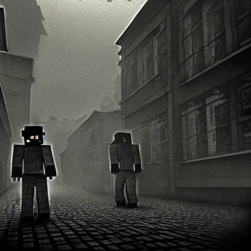 Prompt: eerie, the holocaust in minecraft, very old photo, photo from 1940s, war photograph, very authentic, very detailed, dramatic, intricate, highly detailed, digital painting, artstation, concept art, smooth, sharp focus, illustration, art by Gustave Dore, octane render