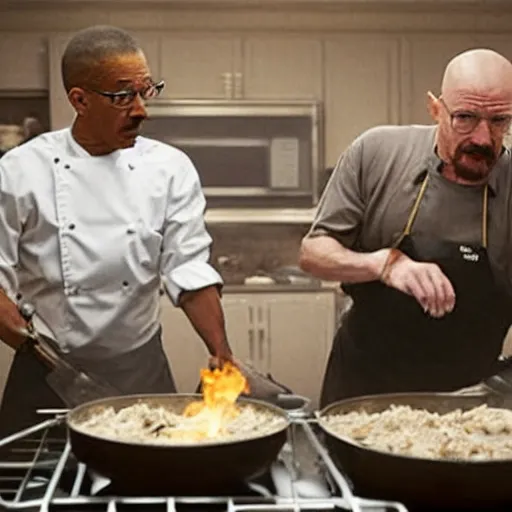 Image similar to Walter White and Gus Fring cooking chicken together