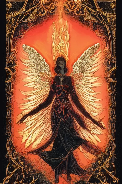 Image similar to Angel in the Light + black paper + elements + red + gold + neon + baroque + rococo + white + orange+ ink + tarot card with ornate border frame + marc Simonetti, paul pope, peter mohrbacher, detailed, intricate ink illustration