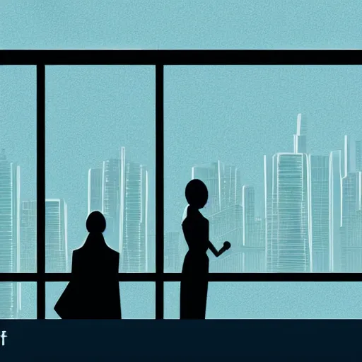 Prompt: View from window on megapolis, silhouette of women who watches to the window, cartoon, 2D