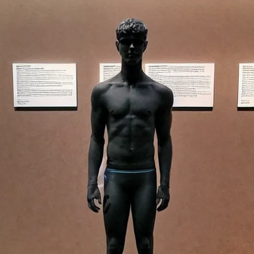 Image similar to “ a realistic detailed photo of a guy who is an attractive humanoid who is half robot and half humanoid, who is a male android, soccer player antoine griezmann, shiny skin, posing like a statue, blank stare, at the museum, on display ”