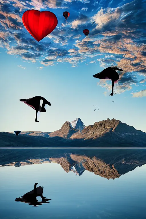 Prompt: Photorealistic photo of two hot air balloons shaped as black swans flying above a reflective mountain lake, touching heads, forming a heart with their necks, beautiful, 8k highly professionally detailed, HDR, CGsociety