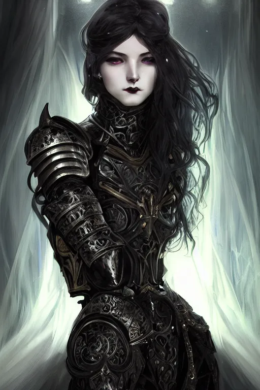 Image similar to beautiful luxury and gothic and victorian and evil young female medieval black armor knight portrait+smoky eyes+front face with light flowing hair, ultradetail face, art and illustration by tian zi and craig mullins and WLOP and alphonse mucha, ssci-fi, fantasy, intricate complexity, human structure, hypermaximalist, fantasy character concept, dynamic lighting, neon light, watermark, blurry, hyperrealism 8k