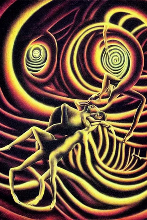 Image similar to optical illusion painting of a couple dancing in a worm hole, illusionism, look twice, mind blow, by damien gilley and salvador dali, detailed