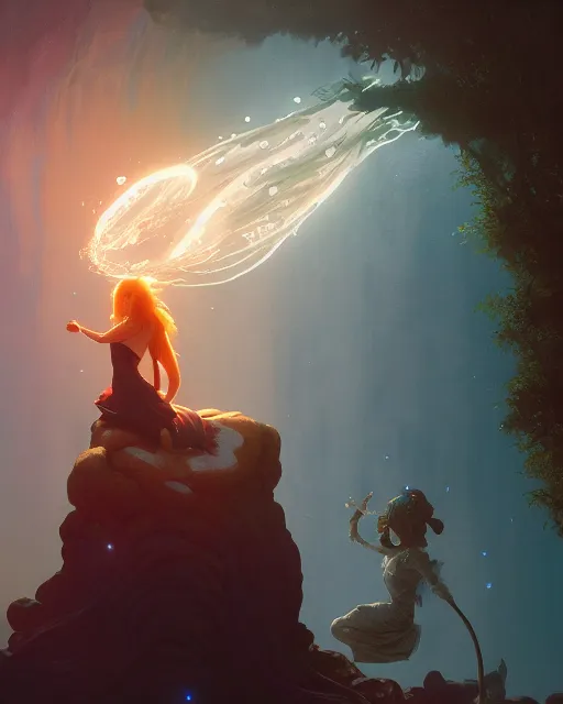 Image similar to highly detailed vfx portrait a mage casting a water spell, stephen bliss, unreal engine, greg rutkowski, loish, rhads, beeple, makoto shinkai and lois van baarle, ilya kuvshinov, rossdraws, tom bagshaw, alphonse mucha, global illumination, detailed and intricate environment