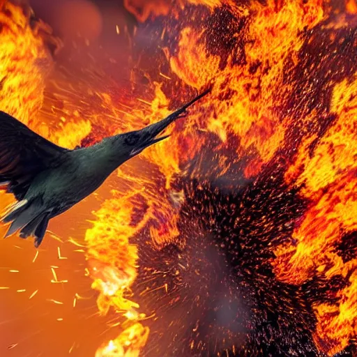 Image similar to a bird shooting fire on other birds out of its rear end, 8 k