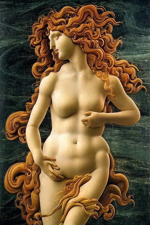 Prompt: Photo of a Marble Sculpture of “The Birth of Venus” by Sandro Botticelli, backlit, fog, volumetric lighting, award winning, high resolution.