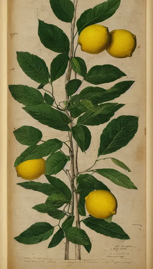 Image similar to encyclopedia drawing of lemon, whole plant, manuscript, etching