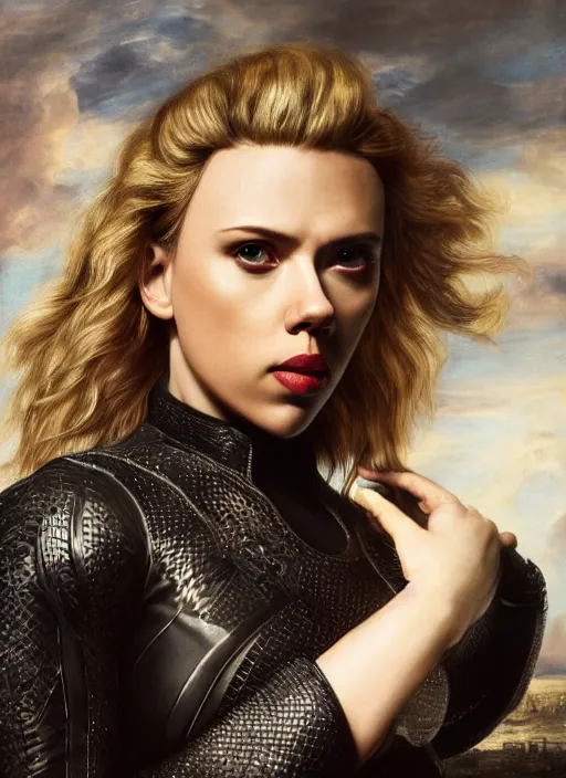 Image similar to , , Scarlett Johansson dressed as black Canary,, Dramatic, Edge, Good, Infused, Backlight, De-Noise, VFX, insanely detailed and intricate, hypermaximalist, facial ,elegant, ornate, hyper realistic, super detailed, by Anthony Van Dyck, by Ivan Shishkin, by John Constable