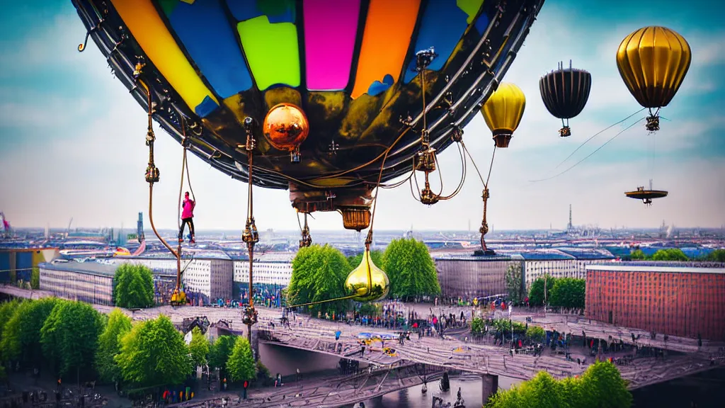 Image similar to large colorful futuristic space age metallic steampunk steam - powered balloons with pipework and electrical wiring around the outside, and people on rope swings underneath, flying high over the beautiful berlin city landscape, professional photography, 8 0 mm telephoto lens, realistic, detailed, photorealistic, photojournalism