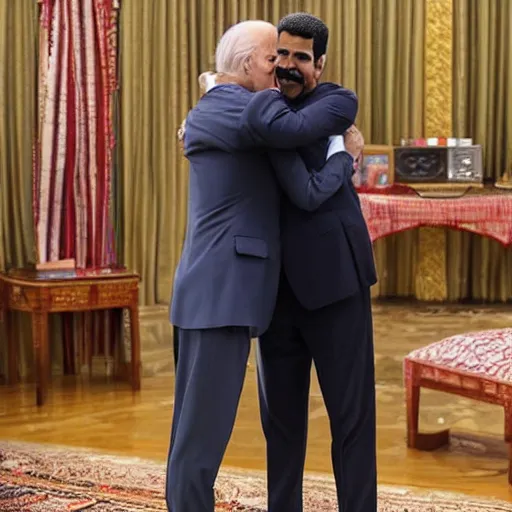 Prompt: Joe Biden and Nicolas Maduro hugging in Tehran, digital art