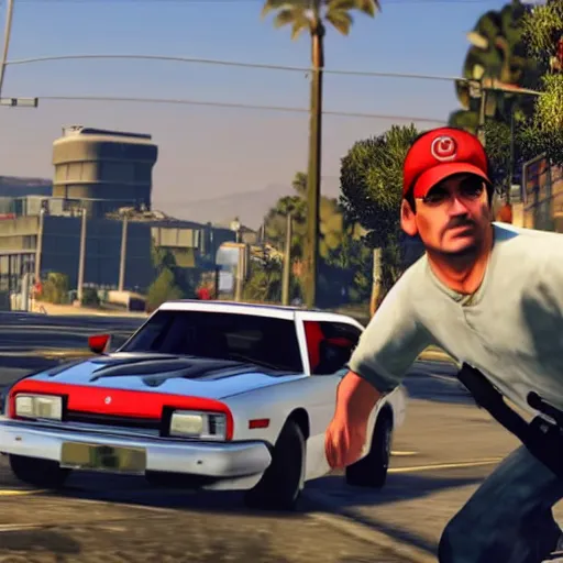 Image similar to a screenshot of GTA V with mario driving a car