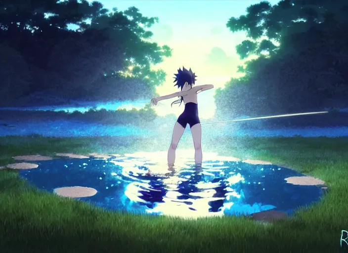 Image similar to portrait of hinata training in a pond at night, rule of thirds, illustration concept art anime key visual, trending pixiv fanbox by wlop and greg rutkowski and makoto shinkai and studio ghibli and kyoto animation