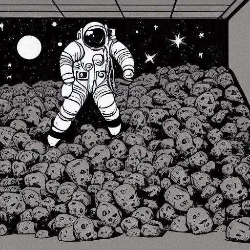 Image similar to An astronaut alone inside a dark ballroom filled with piles of human skulls