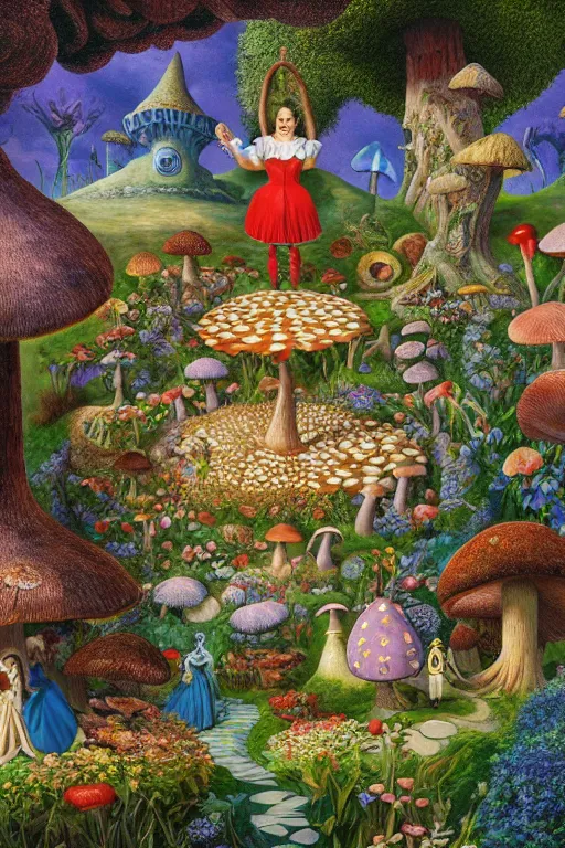 Prompt: a magical realism alice in wonderland with mushrooms and flowers by jacek yerka and salvador dali, detailed matte painting, 8 k resolution