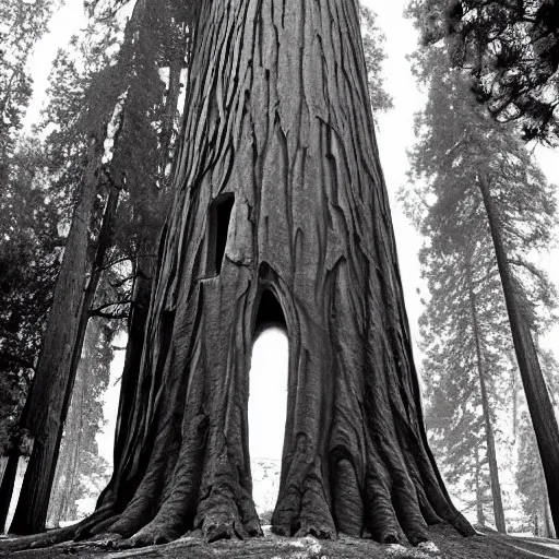 Image similar to house built into and inside a single giant sequoia. photograph by jerry uelsmann.