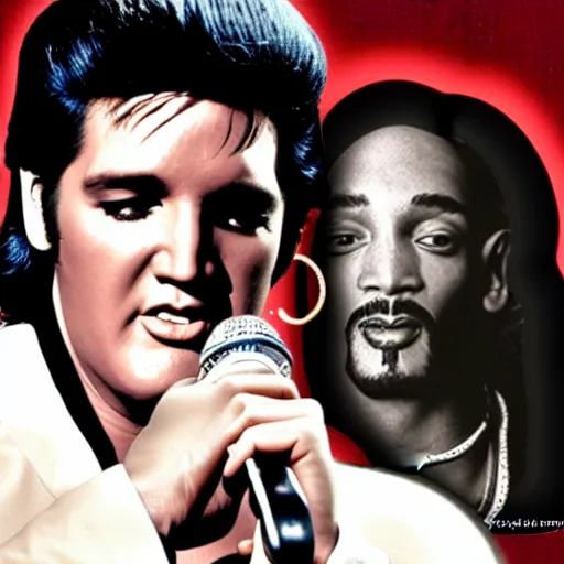 Prompt: elvis presley and snoop dog singing a duet in 2 0 2 2, one microphone, in las vegas, detailed, beautiful, color photo, f 1. 8, promotional poster, photorealistic