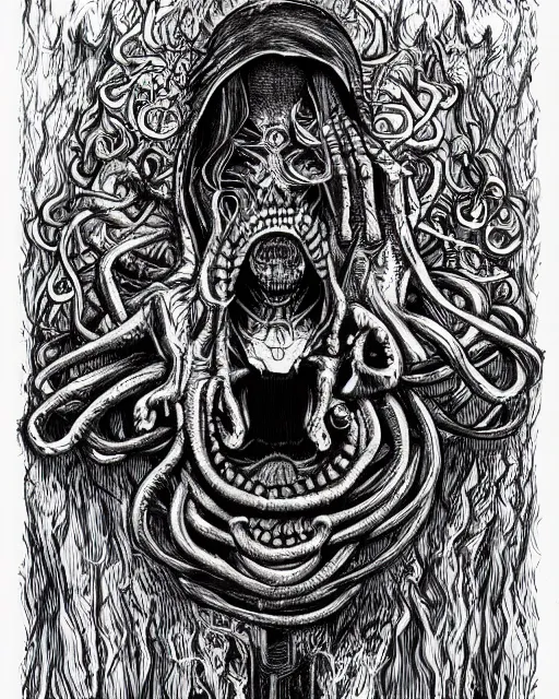 Prompt: mad cultist of eldritch mysteries, black ink on paper, trending on artstation, beautiful, intricate, detailed