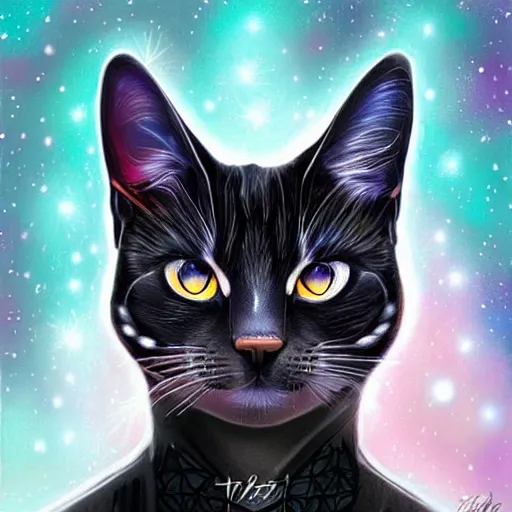 Prompt: geometric symmetrical house cat with galaxy eyes in space, nebula in the background, intricate, elegant, highly detailed, digital painting, artstation, concept art, smooth, sharp focus, illustration, art by artgerm