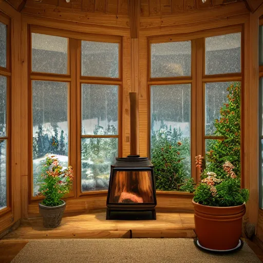 Prompt: Interior of a wood cabin, big glass window, many beautiful plants in pots, dimly glowing fireplace, snowy landscape, hyper realistic, ultra detailed, trending on artstation, photo studio, concept art