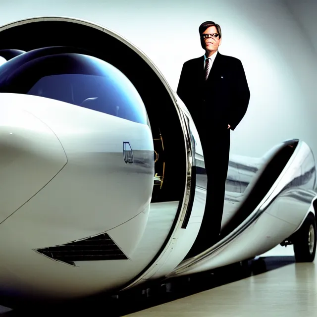 Image similar to a photo of bob lazar standing by honda jet engine car, cinematic lighting, detailed symmetrical face, photorealistic, highly detailed