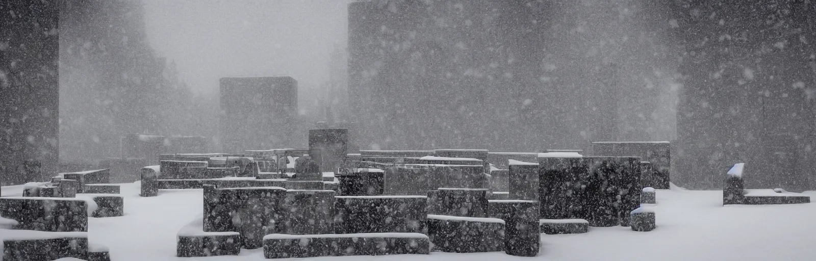 Image similar to snow falling on brutalist monastery, the monastery is on top of a black snowy mountain, the concrete monastery has walkways, skybridges, stairways, white marble statues on pedestals in the background, depth of field, sharp focus, clear focus, beautiful, award winning architecture, hopeful, quiet, calm, serene