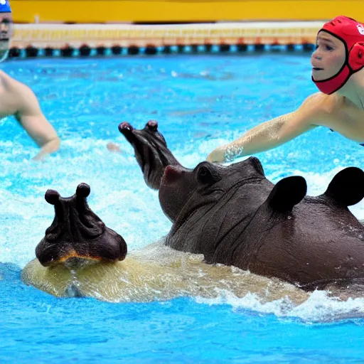 Prompt: a water polo players riding a hippopotamuses. photograph.