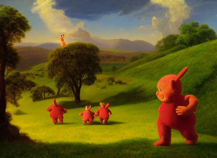 Image similar to american realist romanticism landscape painting of teletubbies in the style of hudson river school and thomas cole and albert bierstadt and robert duncanson