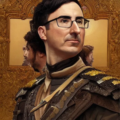 Image similar to portrait of stoic looking john oliver as the vigo carpathian painting, military uniform, fantasy, intricate, elegant, highly detailed, centered, dark, smokey, digital painting, artstation, concept art, smooth, sharp focus, illustration, art by artgerm and greg rutkowski and alphonse mucha