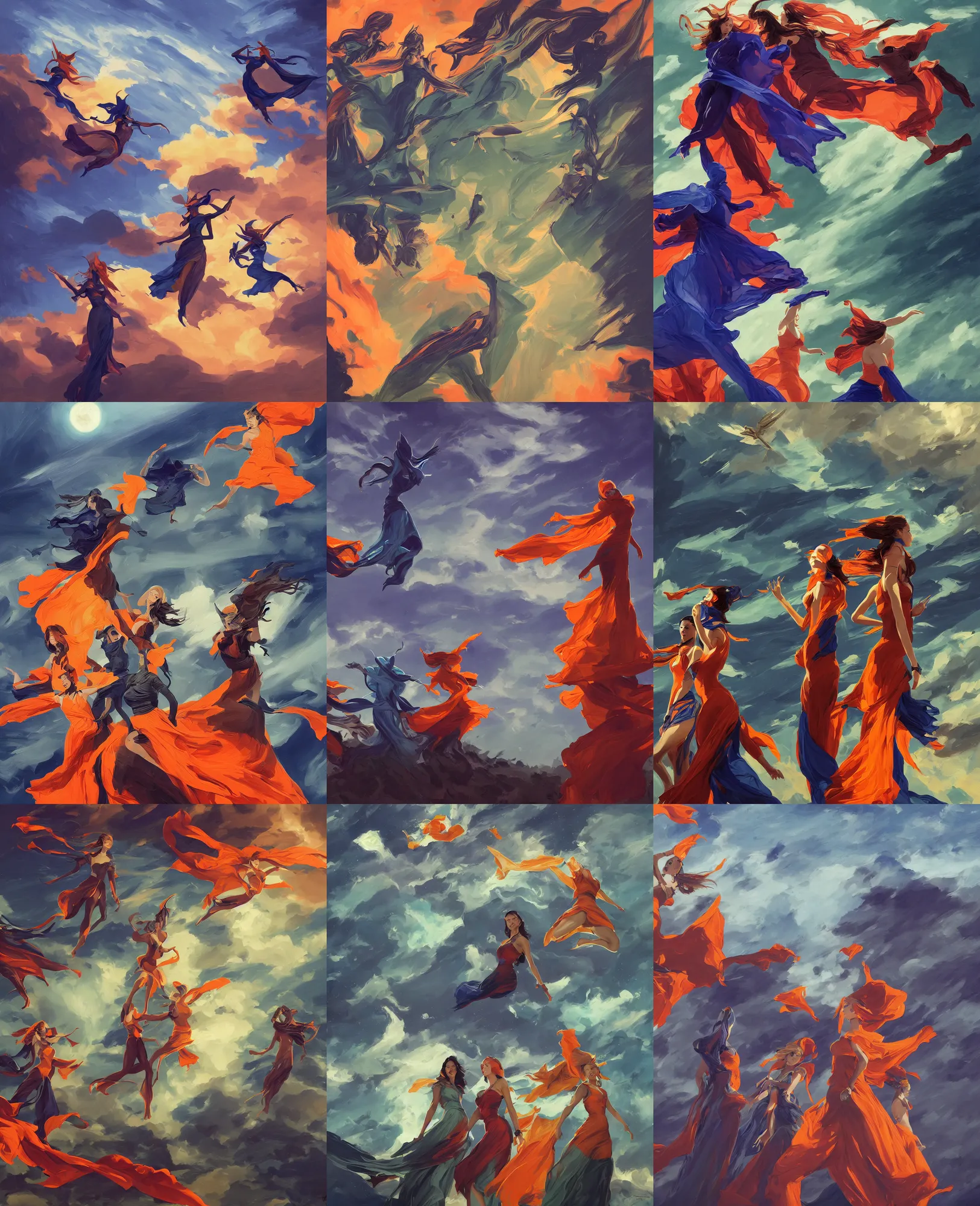 Prompt: three flying girl in orange and blue maxi dresses between clouds above green fields in moon light, close up portrait, elegant, league of legends and warframe, intricate, digital painting, artstation, concept art, dark night, epic composition, smooth, sharp focus, illustration, art by ed mell and Daniel F. Gerhartz and Jacek Malczewski and gustav klimt, Tibor Nagy