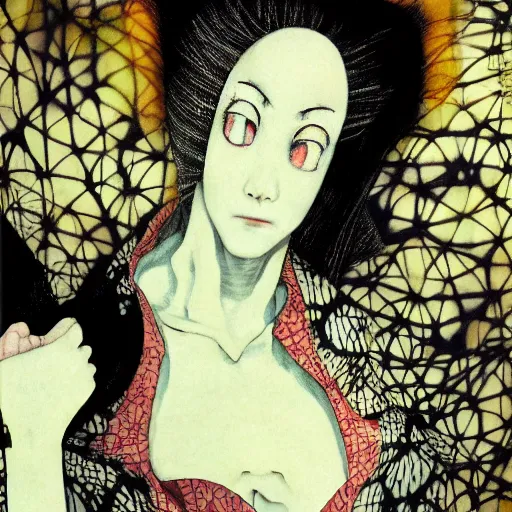 Image similar to yoshitaka amano blurred and dreamy realistic portrait of a woman with black eyes and white hair wearing dress suit with tie, junji ito abstract patterns in the background, satoshi kon anime, noisy film grain effect, highly detailed, renaissance oil painting, weird portrait angle, blurred lost edges, three quarter view