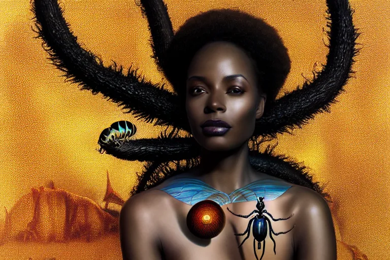 Image similar to realistic detailed photorealistic film closeup portrait shot of a beautiful black woman with a giant spider, sci fi city landscape background by denis villeneuve, amano, yves tanguy, alphonse mucha, ernst haeckel, david lynch, edward robert hughes, roger dean, cyber necklace, dynamic pose, rich moody colours, wide angle