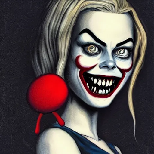 Image similar to grunge cartoon painting of margot robbie with a wide smile and a red balloon by chris leib, loony toons style, pennywise style, corpse bride style, horror theme, detailed, elegant, intricate