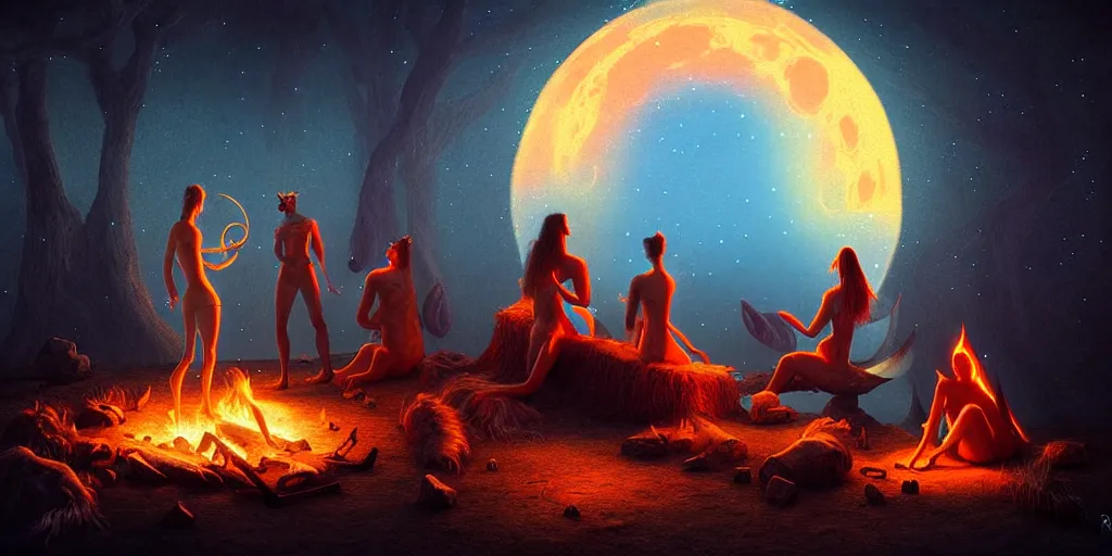 Prompt: venus infused scene at bifrost!!!!!! mythical beasts of sitting around a fire under a full moon at bifrost, surreal dark uncanny painting by ronny khalil