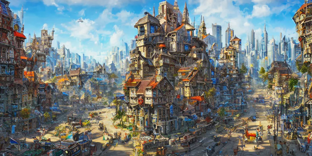 Prompt: A hyper realistic painting of a d&d city, hyper detailed, view from the street, springtime, blue skies, vibrant colors, high contrast, trending on artstation