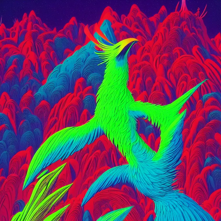 Prompt: mythical bird over infinite fractal volcanoes, bright neon colors, highly detailed, cinematic, eyvind earle, tim white, philippe druillet, roger dean, lisa frank, aubrey beardsley, hiroo isono