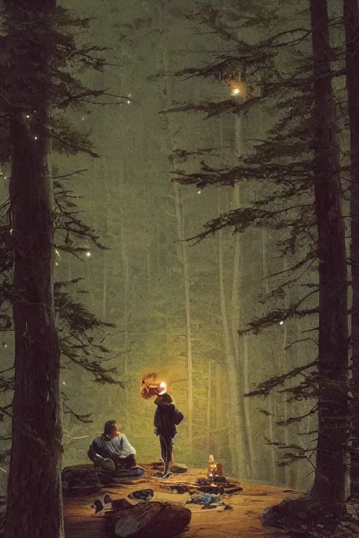 Prompt: a scenic view of a black boy in the middle of a magical forest with glow-worm lights near a lake, part by Norman Rockwell, part by Greg Rutkowski, part by Mattias Adolfsson, high angle, volumetric lightning, retro illustration, oil on canvas, cinematic.