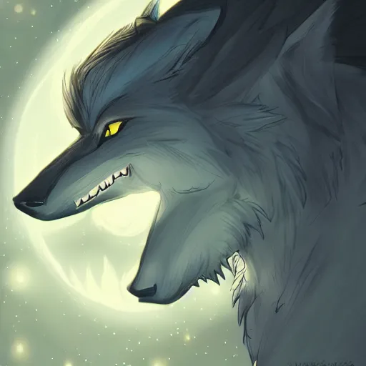 Image similar to a beautiful werewolf at night, kawacy, backlighting, furry art