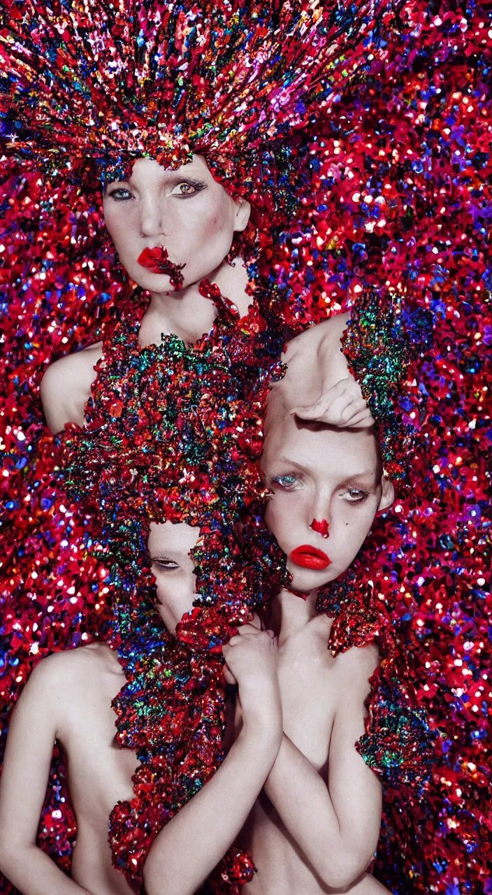 Prompt: photo from a fashion shoot, a female fashion character design wearing a red sequined bodysuit, alexander mcqueen headdress, costume by eiko ishioka, haute couture, steven outram, colorful and psychedelic