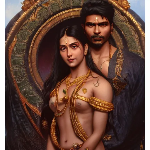 Prompt: portrait painting of dark muscular indian king and queen kissing, ultra realistic, concept art, intricate details, eerie, highly detailed, photorealistic, octane render, 8 k, unreal engine. art by artgerm and greg rutkowski and alphonse mucha