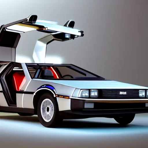 Image similar to still photo of delorean back to the future, highly detailed, photorealistic, bright studio setting, studio lighting, crisp quality and light reflections, unreal engine 5 quality render