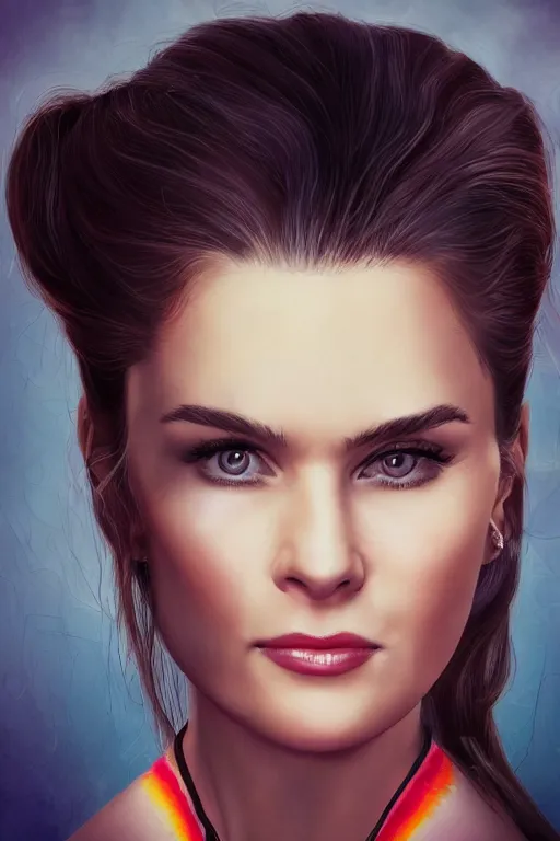 Image similar to mix of beautiful young maria shriver, mariel hemmingway, brooke shields, nicole kidman and elle macpherson as a zumba instructor, thin lips, hair tied up in a pony tail, dark blonde hair, colorful, artstation, cgsociety