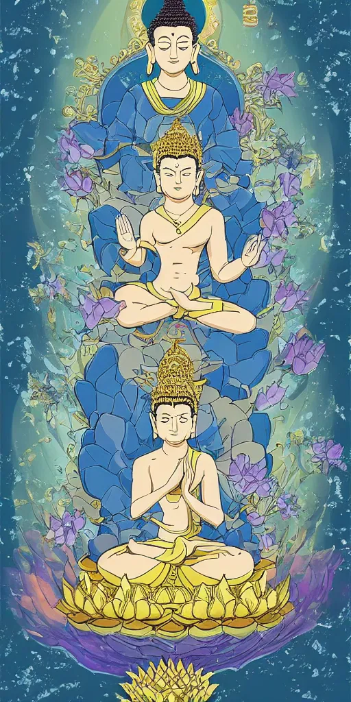 Image similar to buddha sitting on a throne of ice surrounded by lotus flowers drawn by studio trigger, in the style of Little Witch Academia, spiritual enlightenment, tarot card, Tarot card the Hierophant,