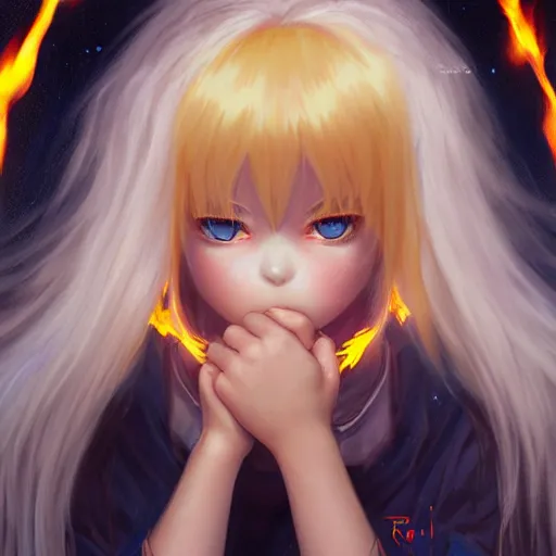 Image similar to rimuru tempest from tensura holding fire in his palm, with amber eyes of golden colored eyes, straight hair, sky blue hair, long bangs, high collar, concept art, award winning photography, digital painting, cinematic, wlop, 8 k, by ross tran, tom bagshaw, andy warhol