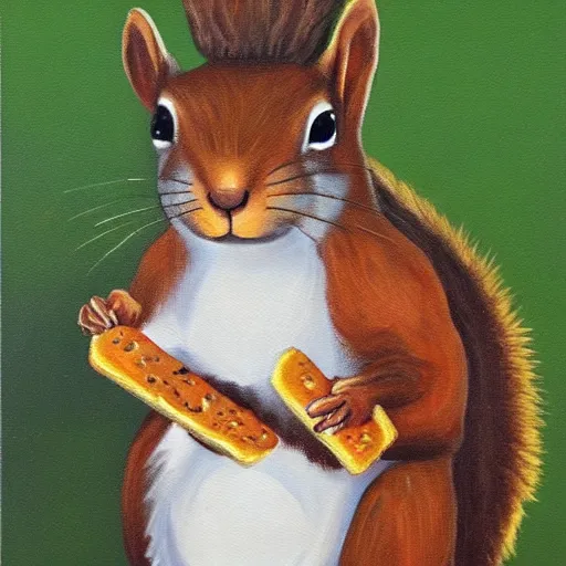 Image similar to A painting of a squirrel sharing bread with his squirrel children