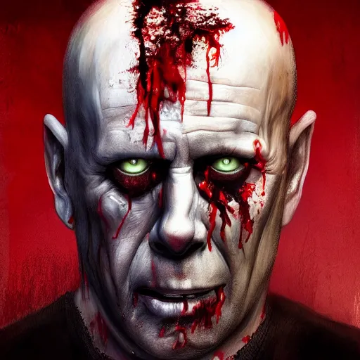 Prompt: a zombie Bruce Willis, by WLOP, horror, wounds, bloody, dark fantasy, trending on artstation